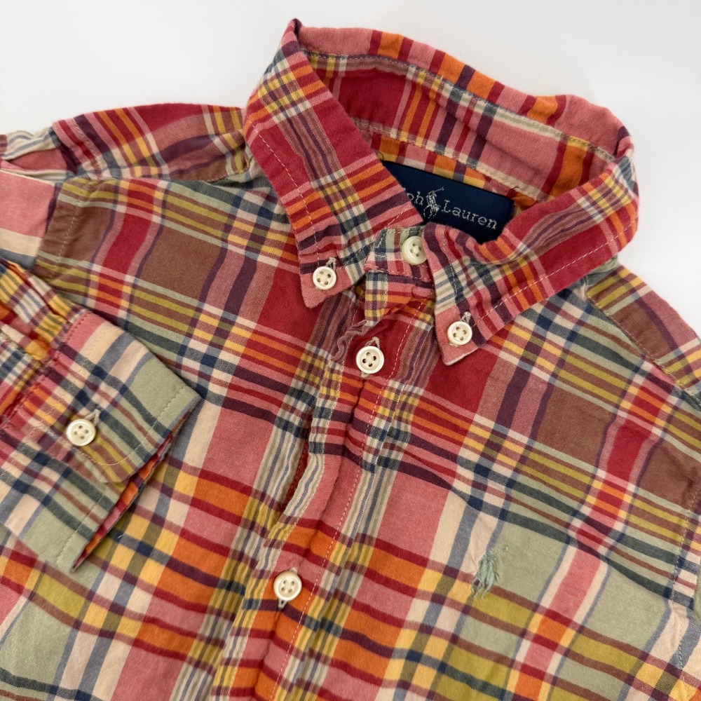 Ralph Lauren Button Down Shirt Kids 3T Red Multi Plaid Long‎ Sleeve Pony Logo